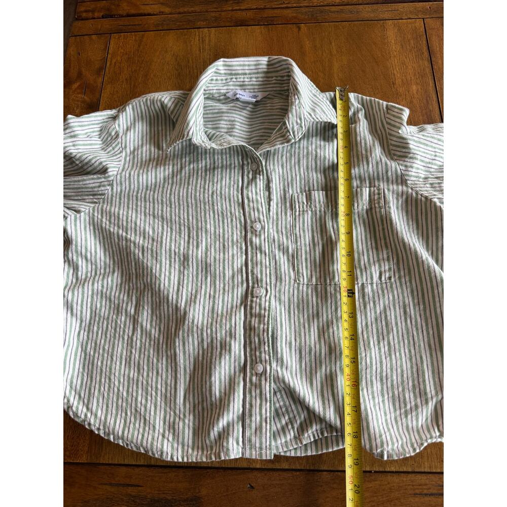 Old Navy The Cropped Shirt XS Tall 100% Cotton Green Stripe Button Down - Picture 7 of 10